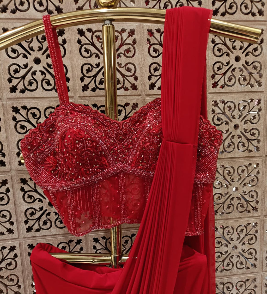 Crimson Red Ready-to-Wear Saree, the ultimate blend of timeless elegance and effortless modern tailoring.