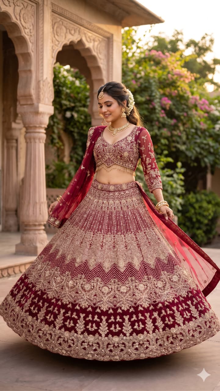 Magenta Pink Hand-Embroidered Bridal Lehenga Choli Set.