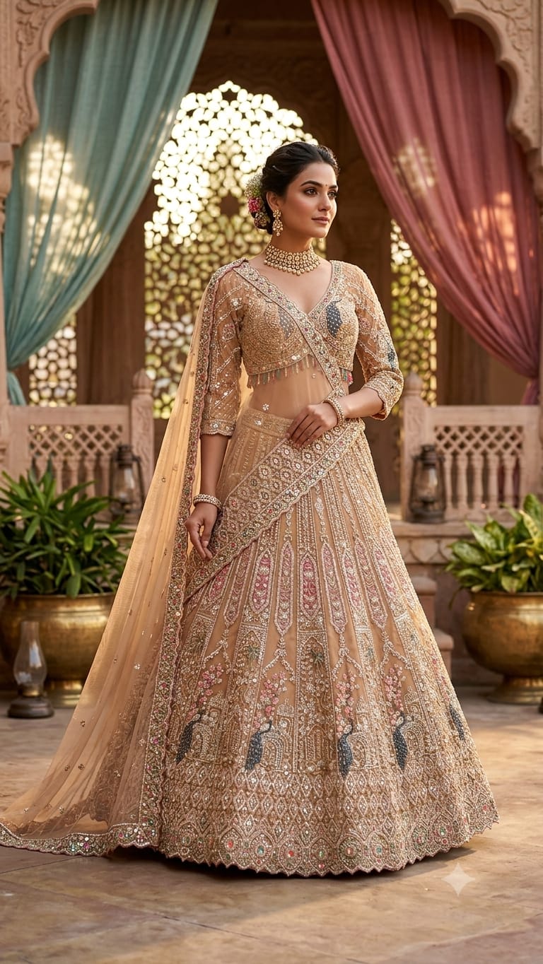 Opulent Beige-Gold Peacock Motif Bridal Lehenga Choli Set.