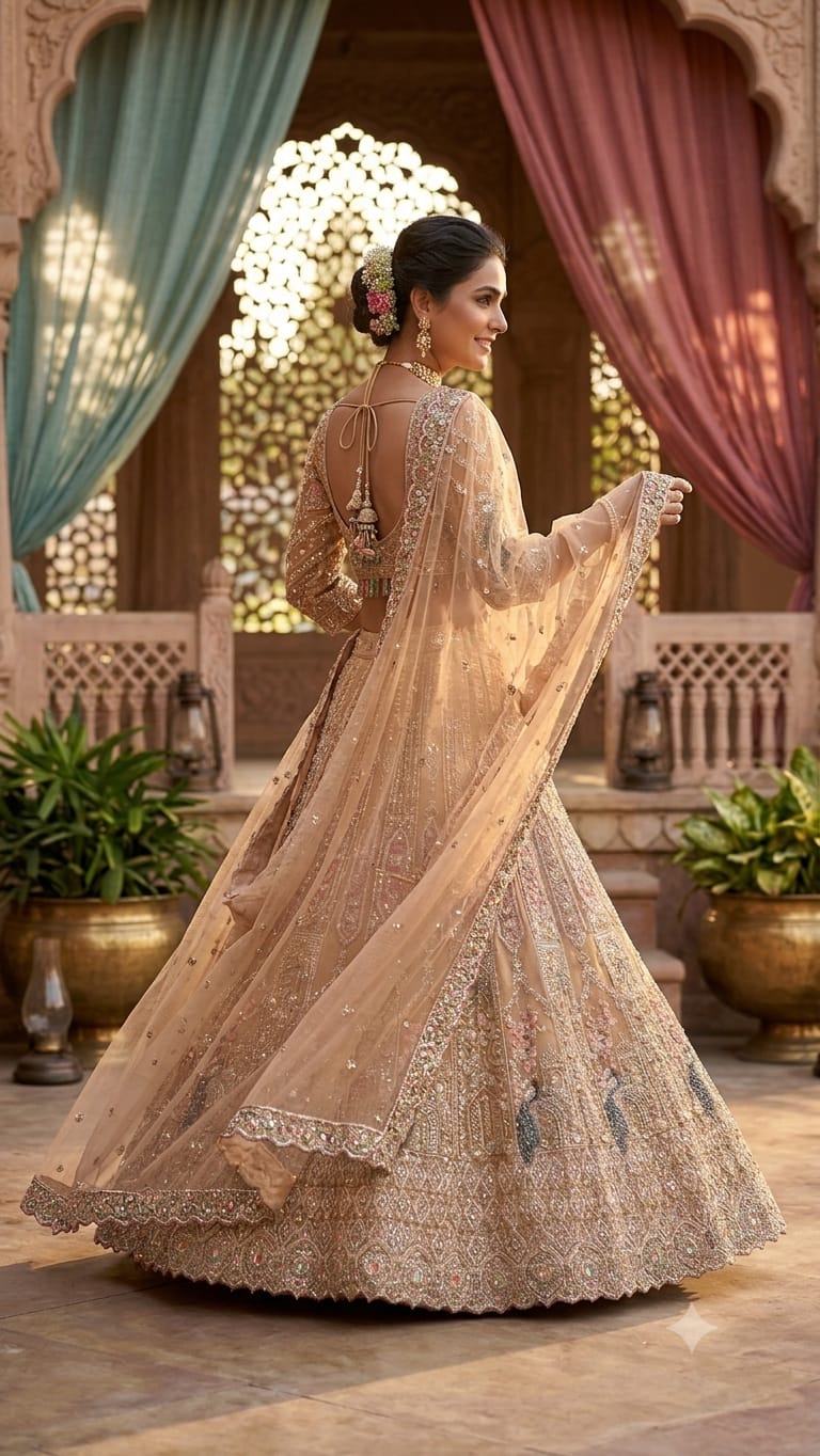 Opulent Beige-Gold Peacock Motif Bridal Lehenga Choli Set.