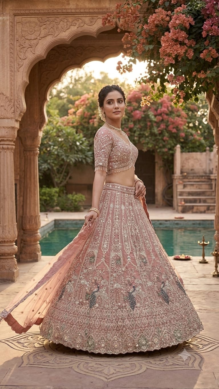 Champagne Gold Peacock Heritage Bridal Lehenga Choli Set.