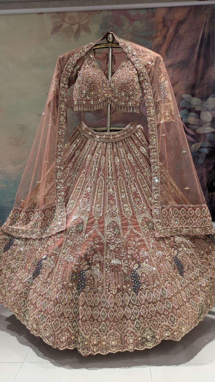 Champagne Gold Peacock Heritage Bridal Lehenga Choli Set.