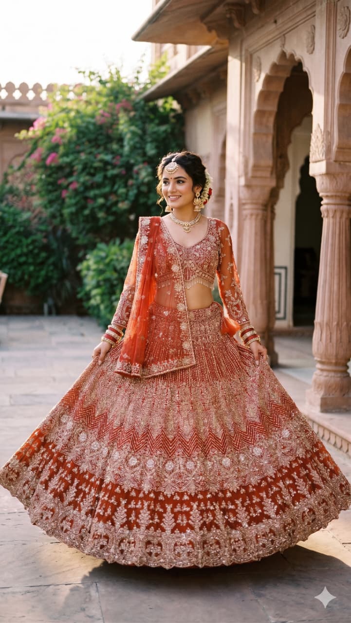 Ethereal Rust-Orange Hand-Embroidered Bridal Lehenga Choli Set.