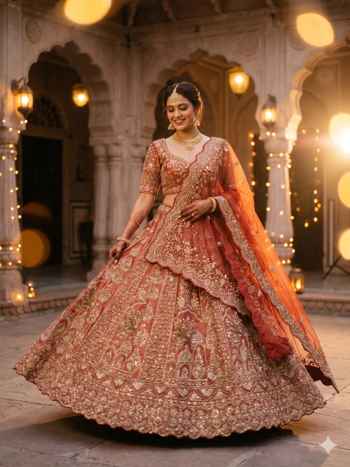 Vermilion Red Floral Archway Unstitched Bridal Lehenga Set.