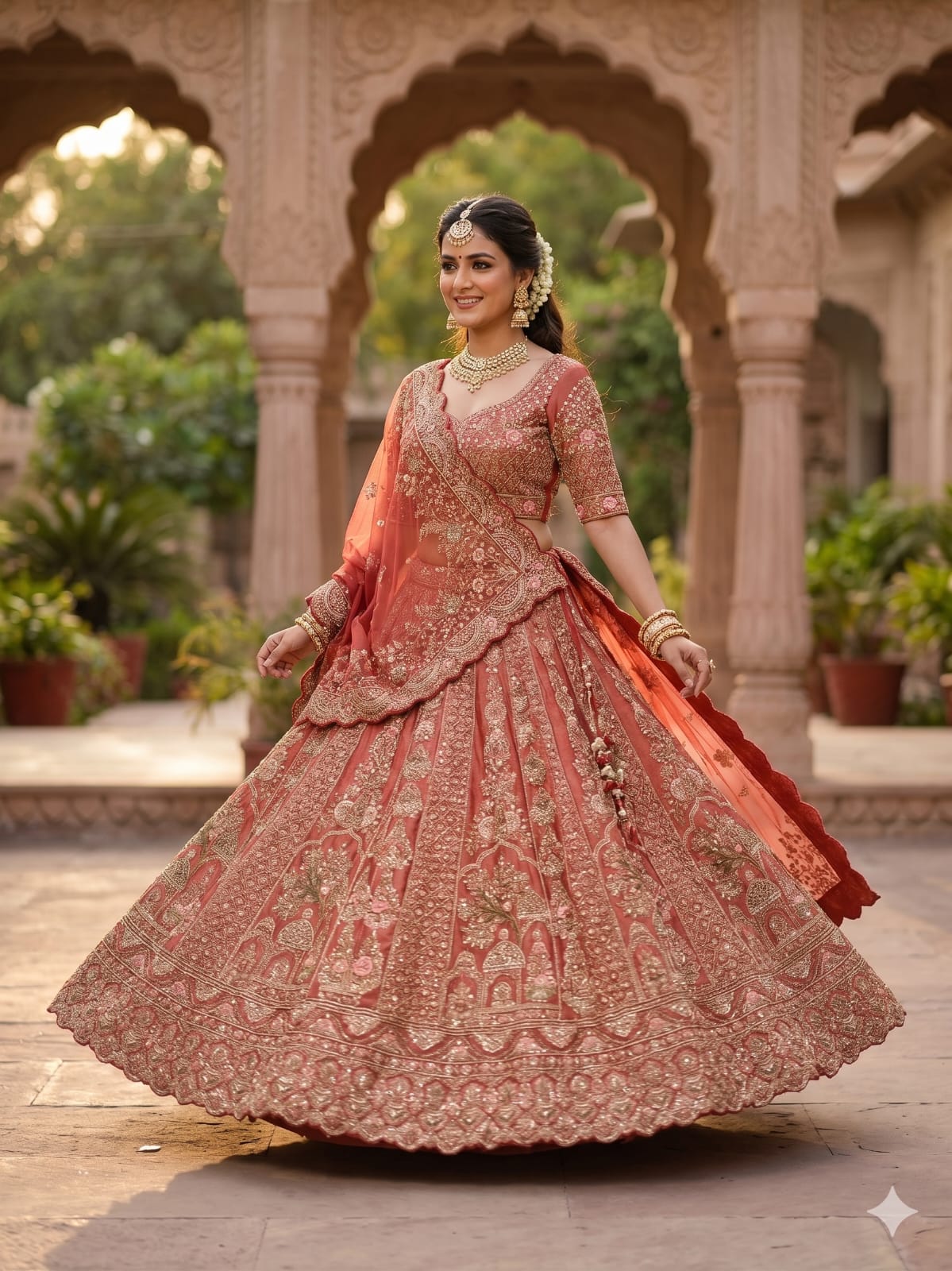 Vermilion Red Floral Archway Unstitched Bridal Lehenga Set.