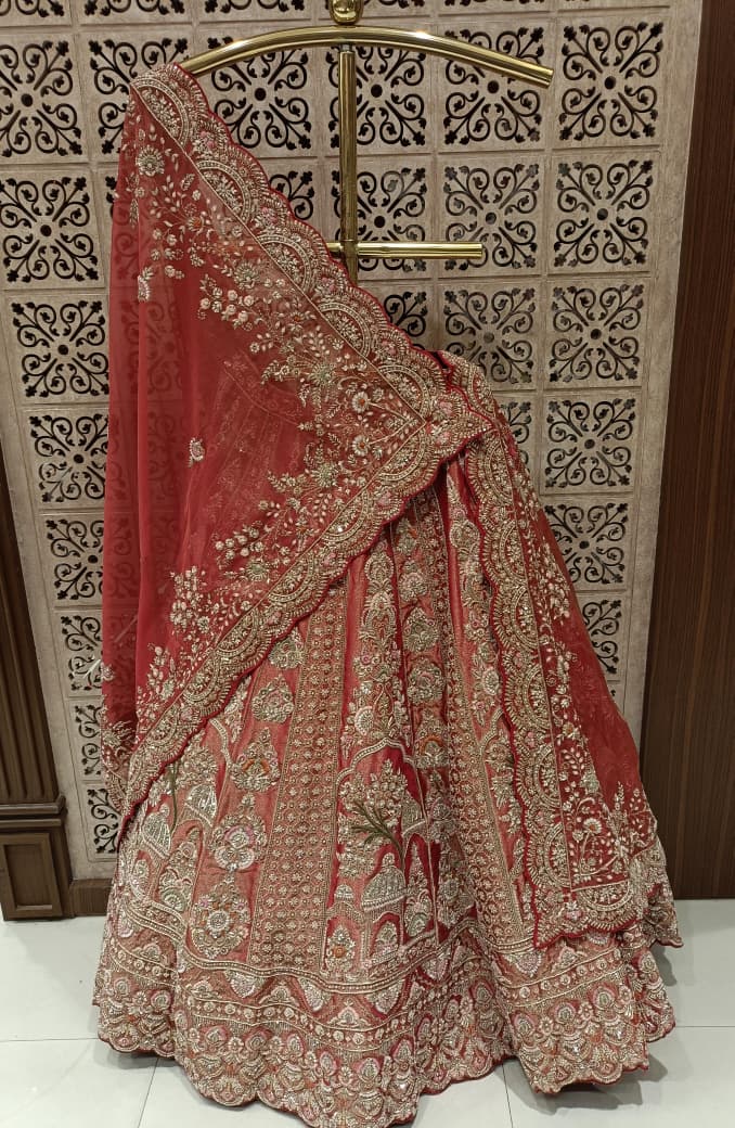 Vermilion Red Floral Archway Unstitched Bridal Lehenga Set.