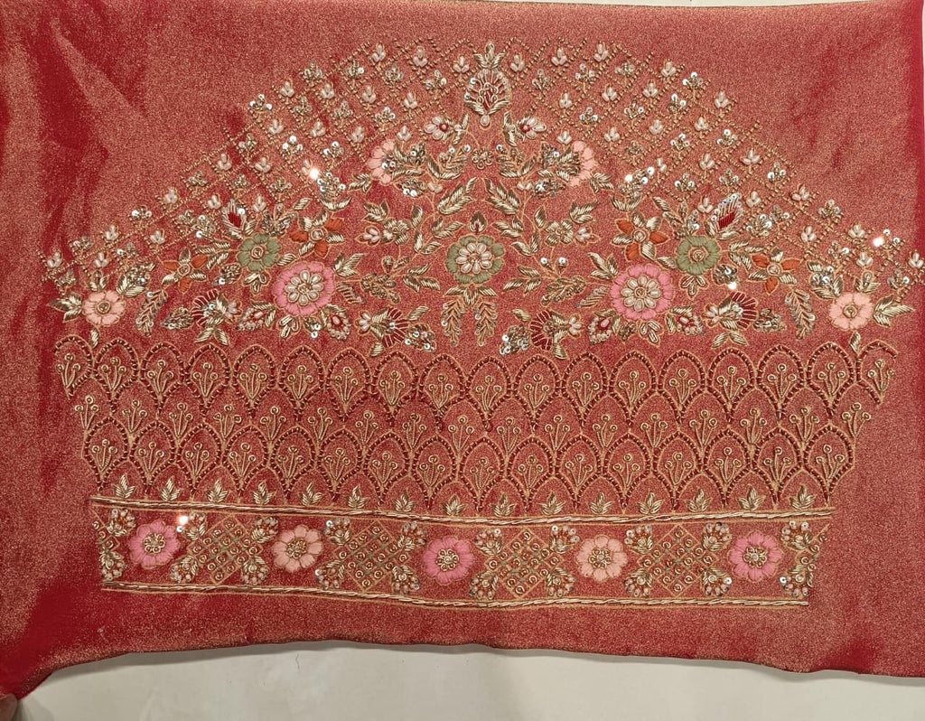 Vermilion Red Floral Archway Unstitched Bridal Lehenga Set.