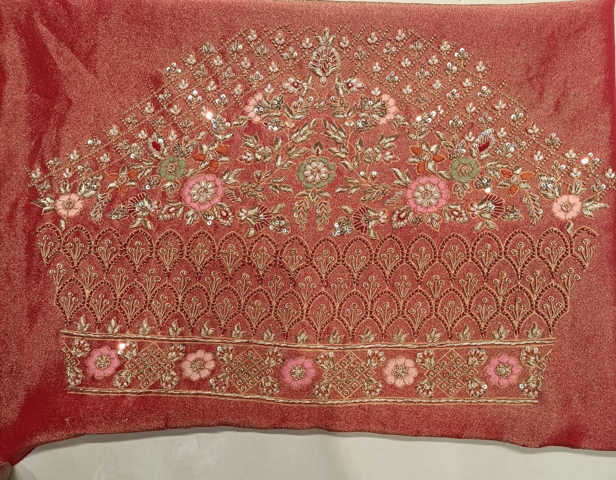 Vermilion Red Floral Archway Unstitched Bridal Lehenga Set.