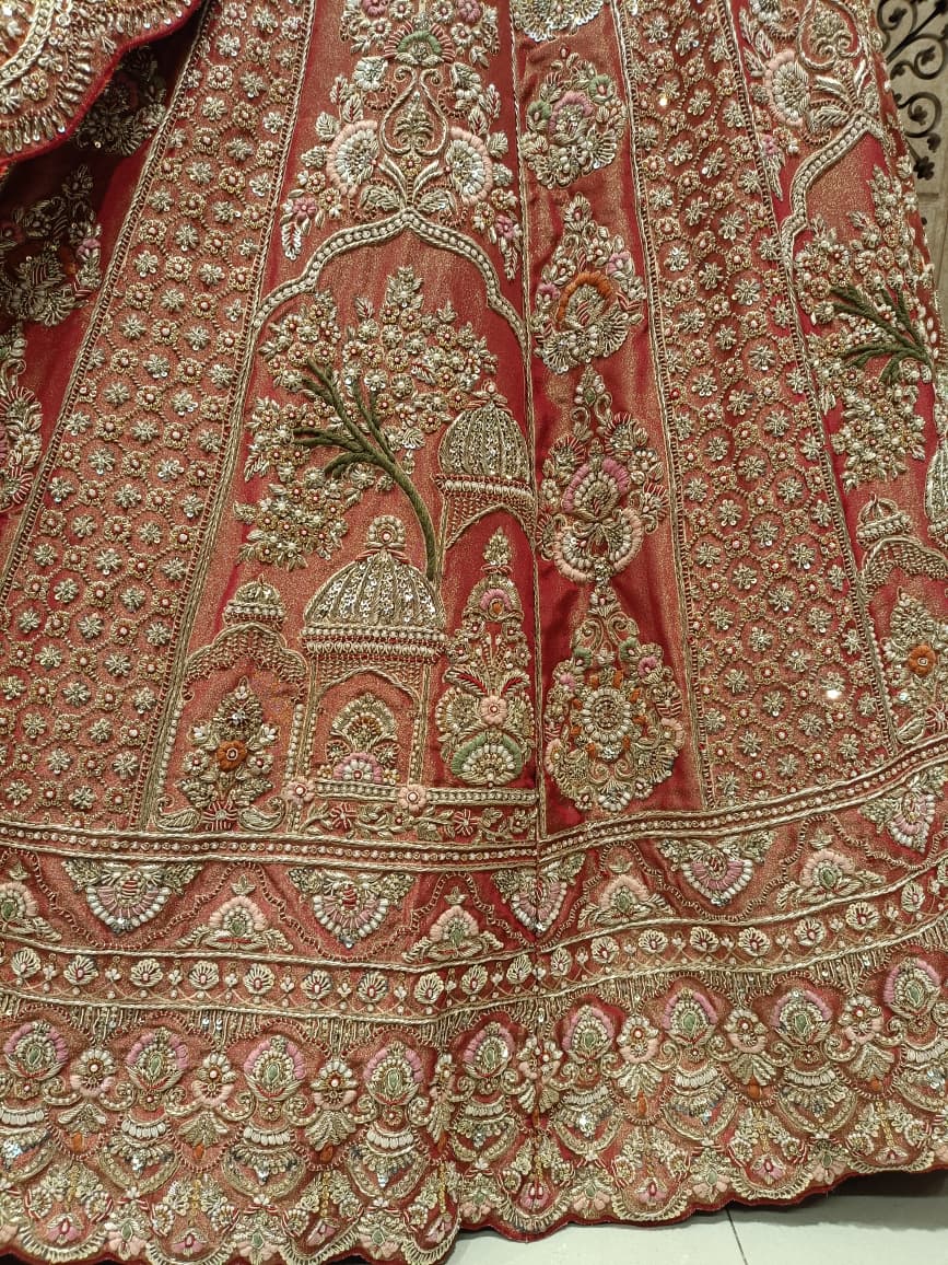 Vermilion Red Floral Archway Unstitched Bridal Lehenga Set.