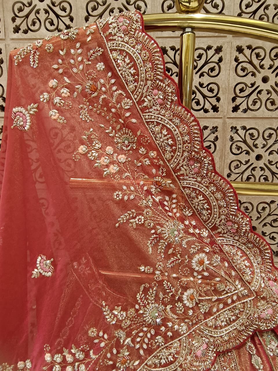Vermilion Red Floral Archway Unstitched Bridal Lehenga Set.