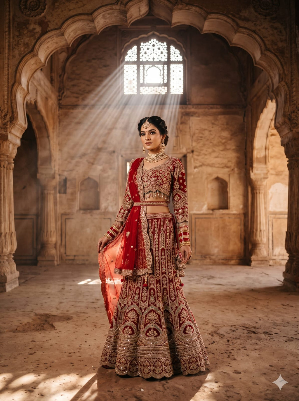 Crimson Red Net Fish-Cut Heritage Bridal Lehenga Choli Set.