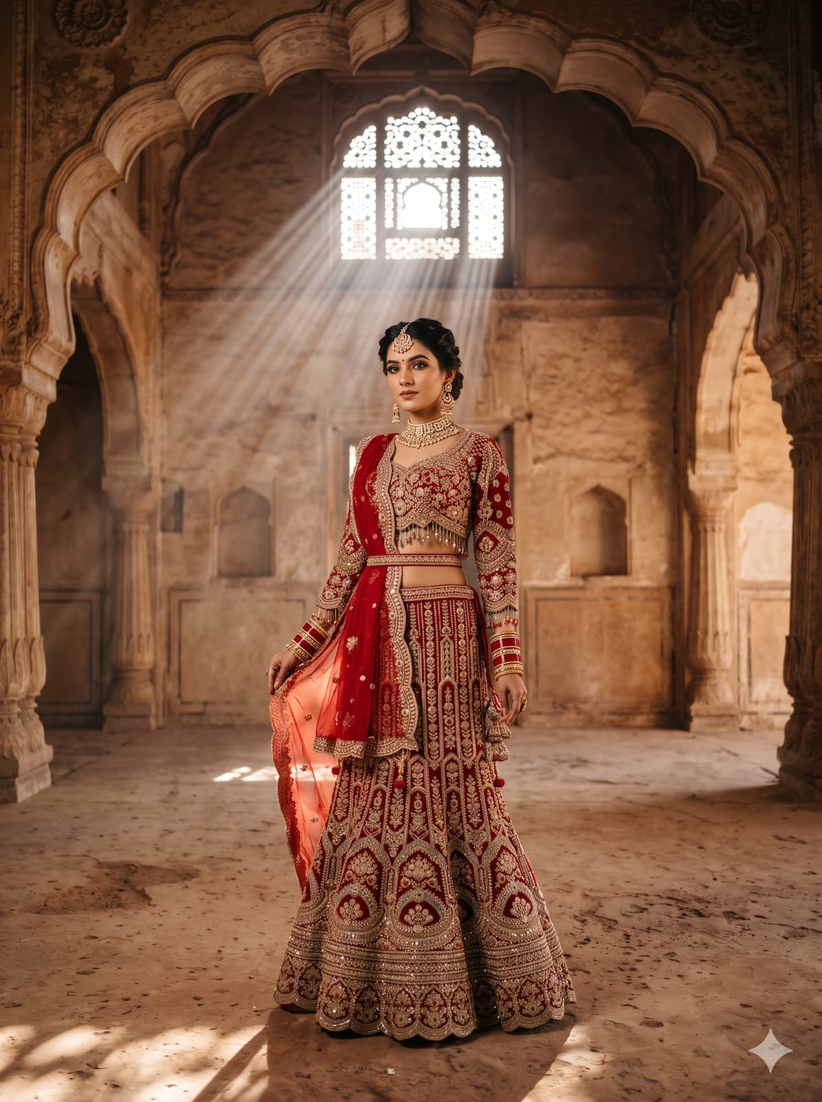 Crimson Red Net Fish-Cut Heritage Bridal Lehenga Choli Set.