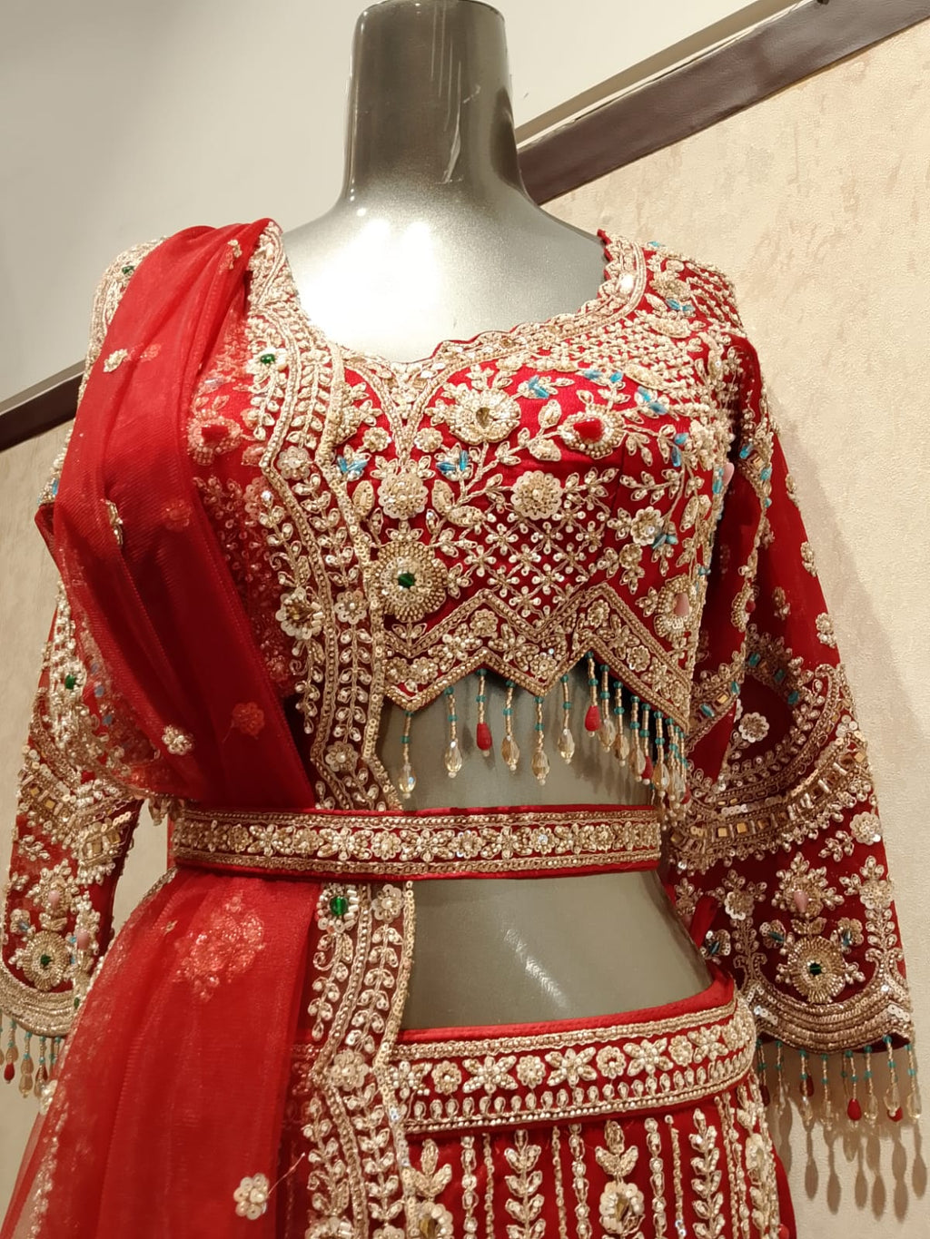 Crimson Red Net Fish-Cut Heritage Bridal Lehenga Choli Set.