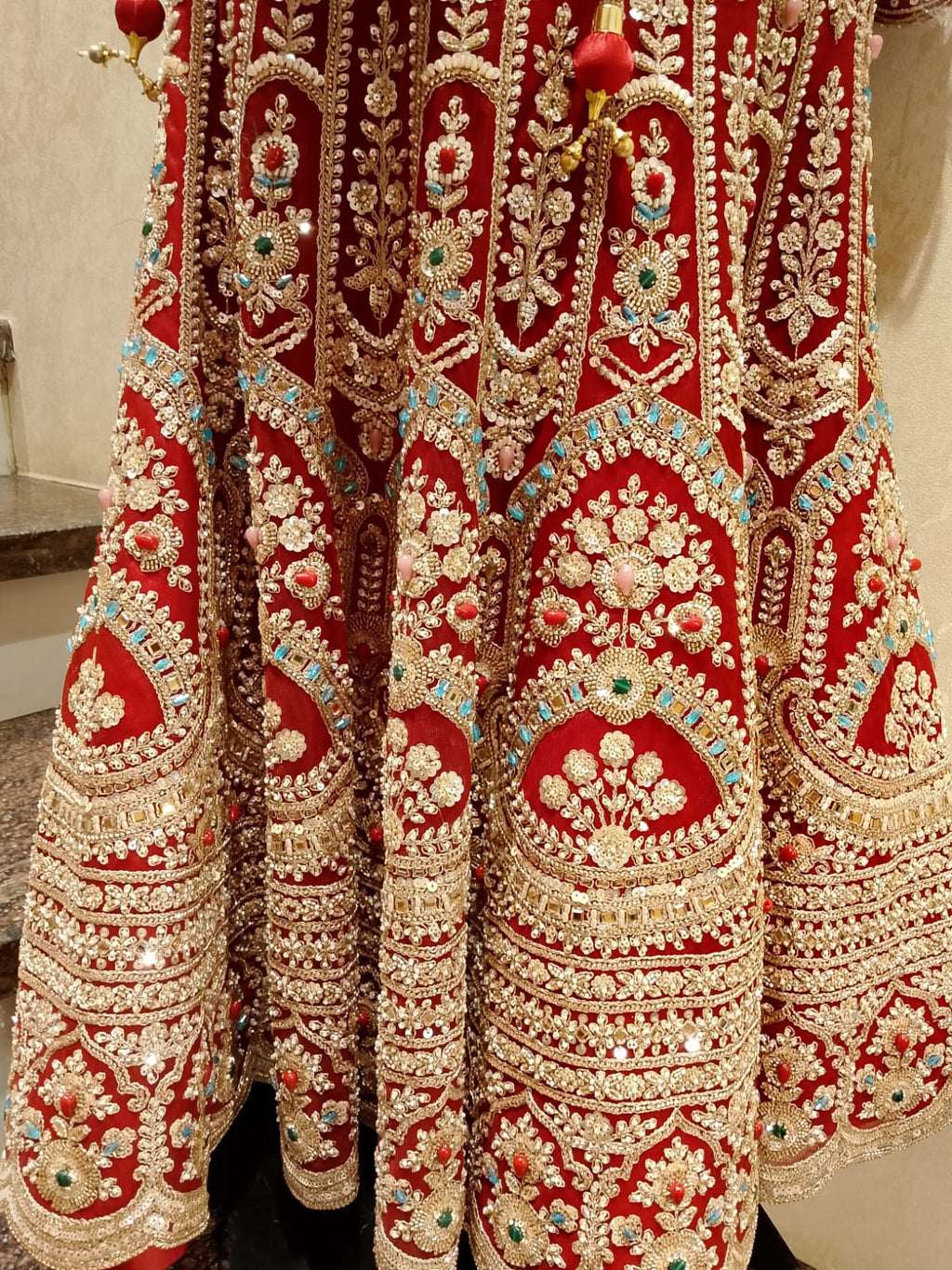 Crimson Red Net Fish-Cut Heritage Bridal Lehenga Choli Set.