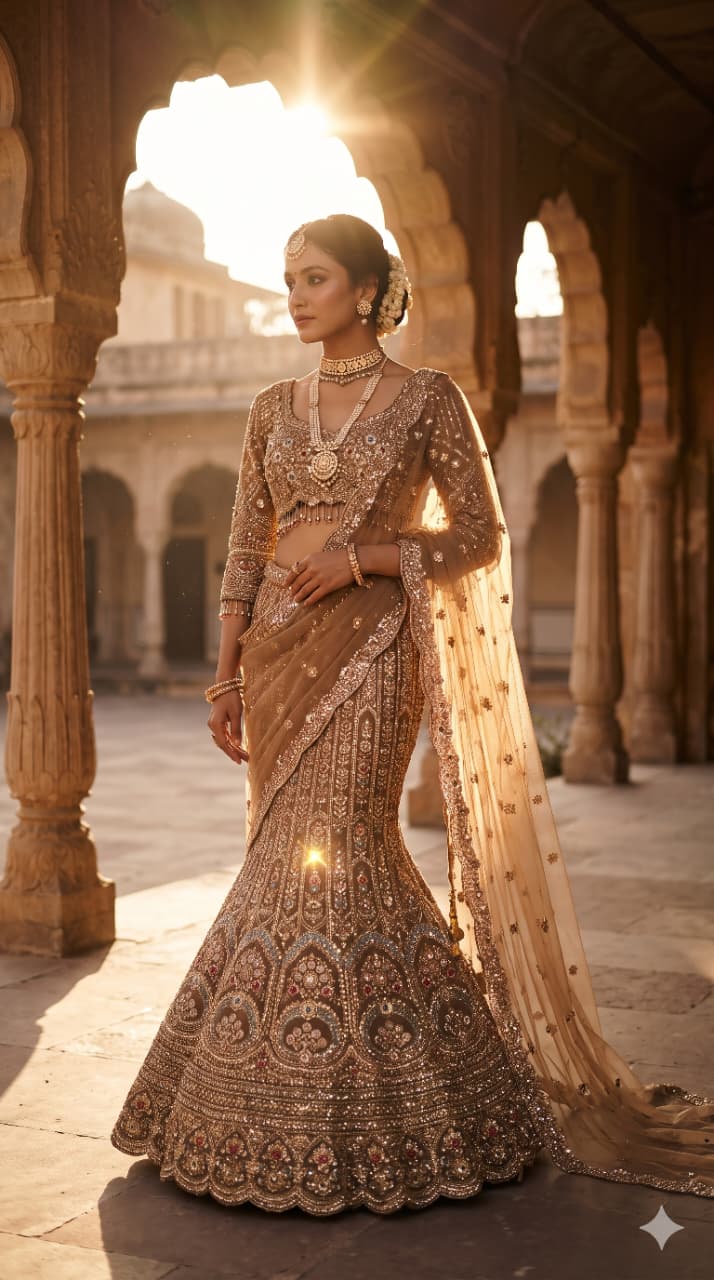 Champange Gold Fish-Cut Heritage Bridal Lehenga Choli Set.