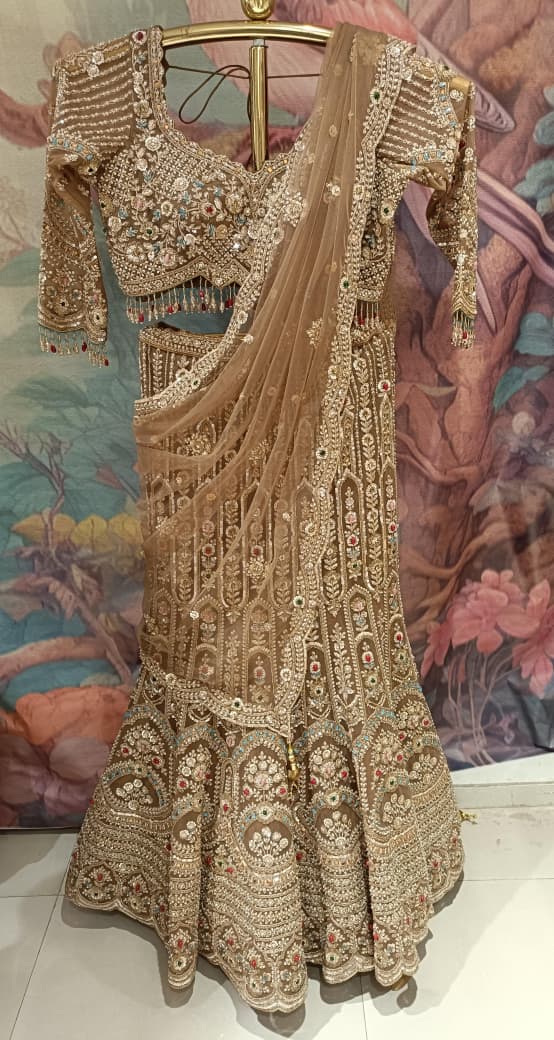 Champange Gold Fish-Cut Heritage Bridal Lehenga Choli Set.