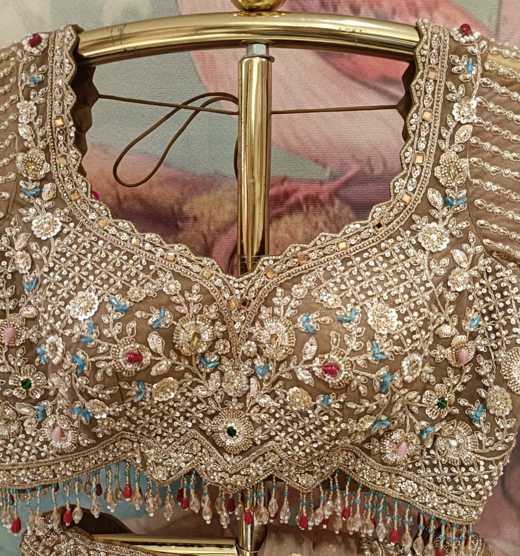 Champange Gold Fish-Cut Heritage Bridal Lehenga Choli Set.