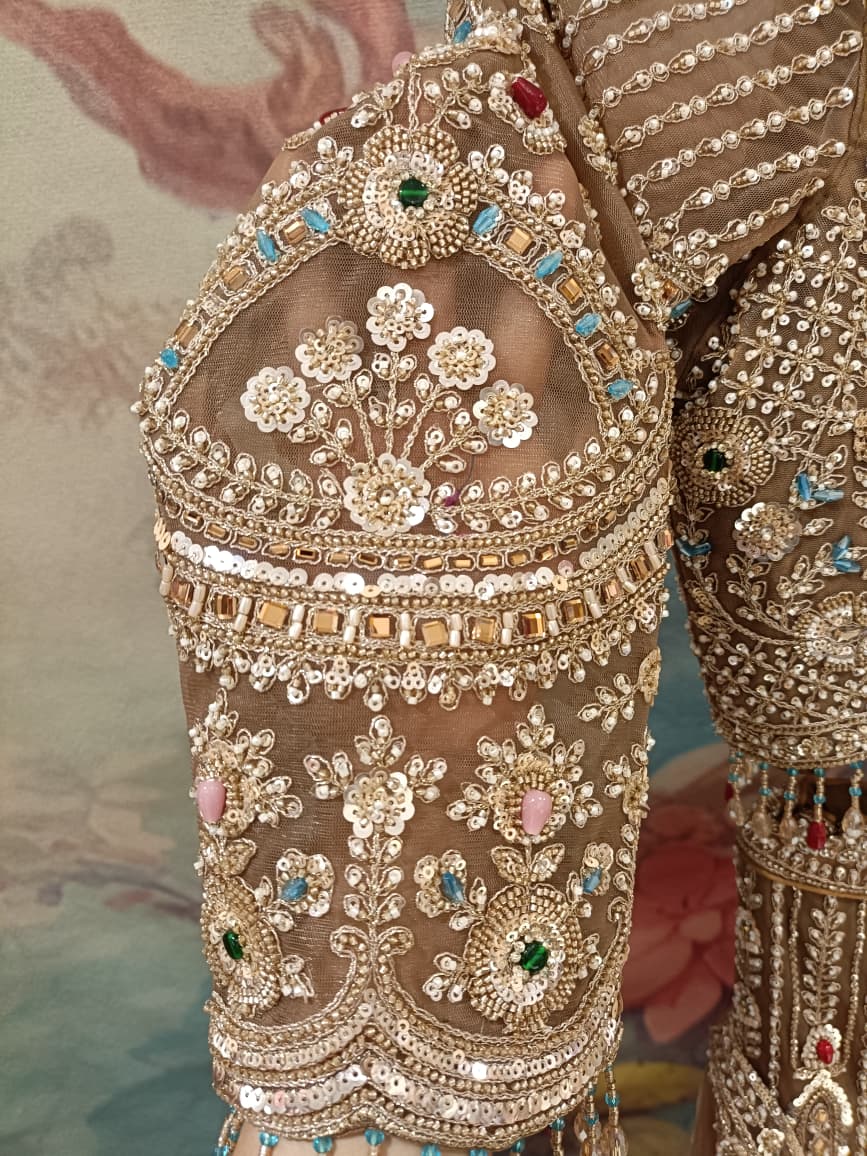 Champange Gold Fish-Cut Heritage Bridal Lehenga Choli Set.
