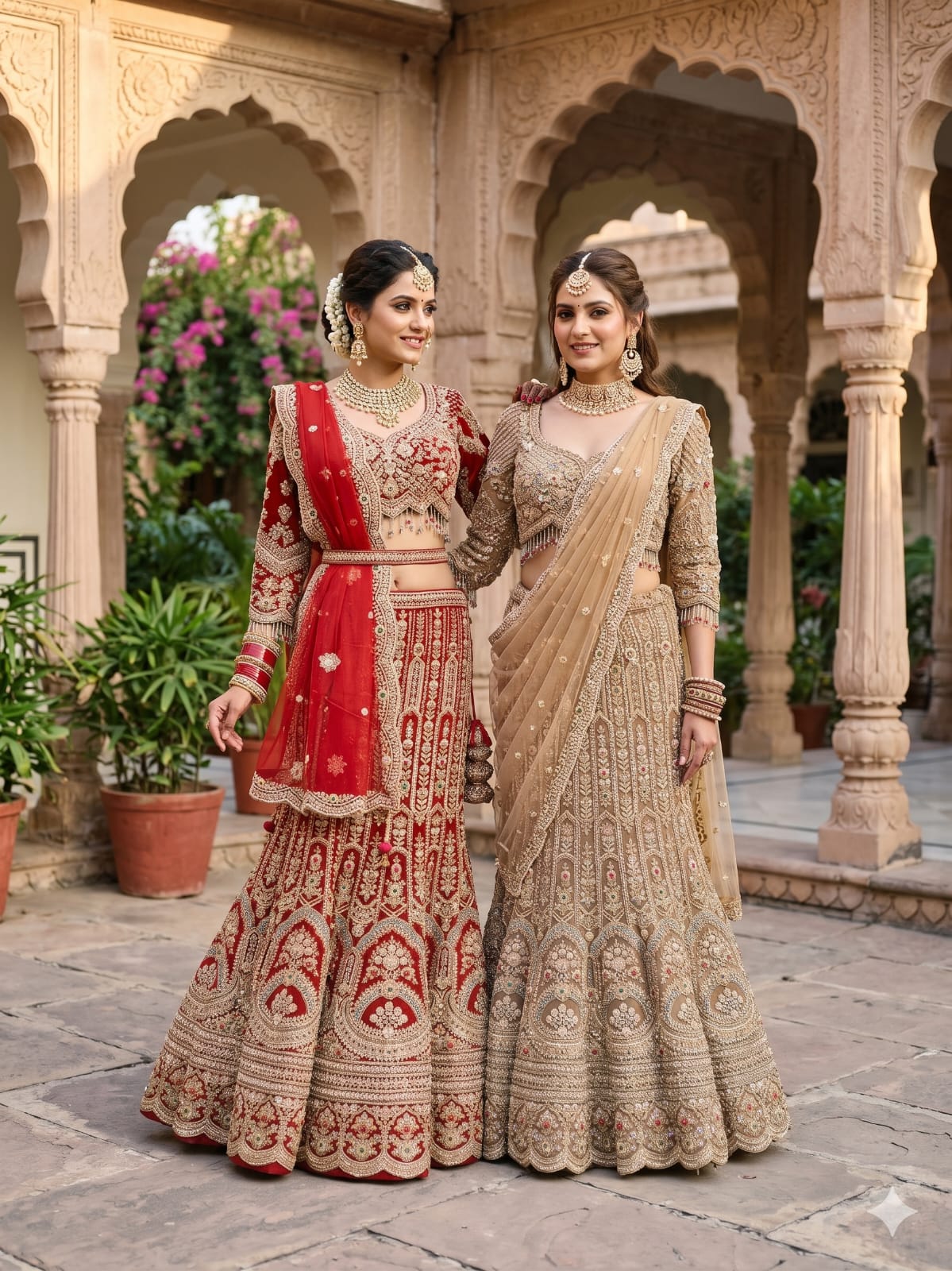 Crimson Red Net Fish-Cut Heritage Bridal Lehenga Choli Set.
