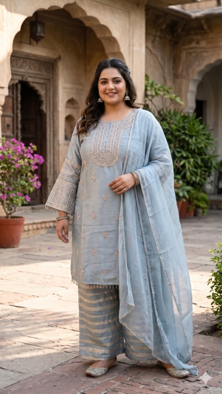 Powder Blue Simmer Silk Hand-Embroidered Kurta & Palazzo Set.