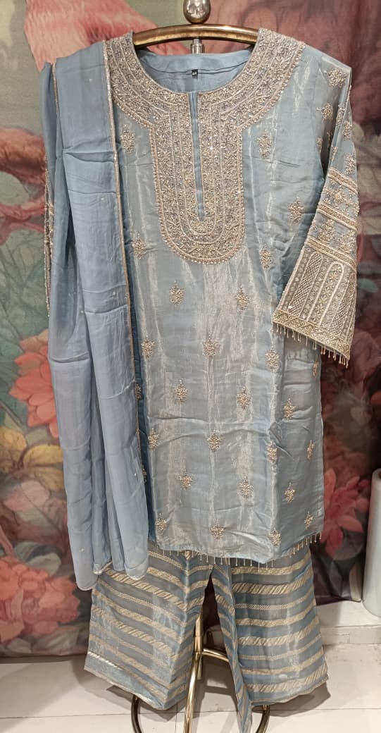 Powder Blue Simmer Silk Hand-Embroidered Kurta & Palazzo Set.