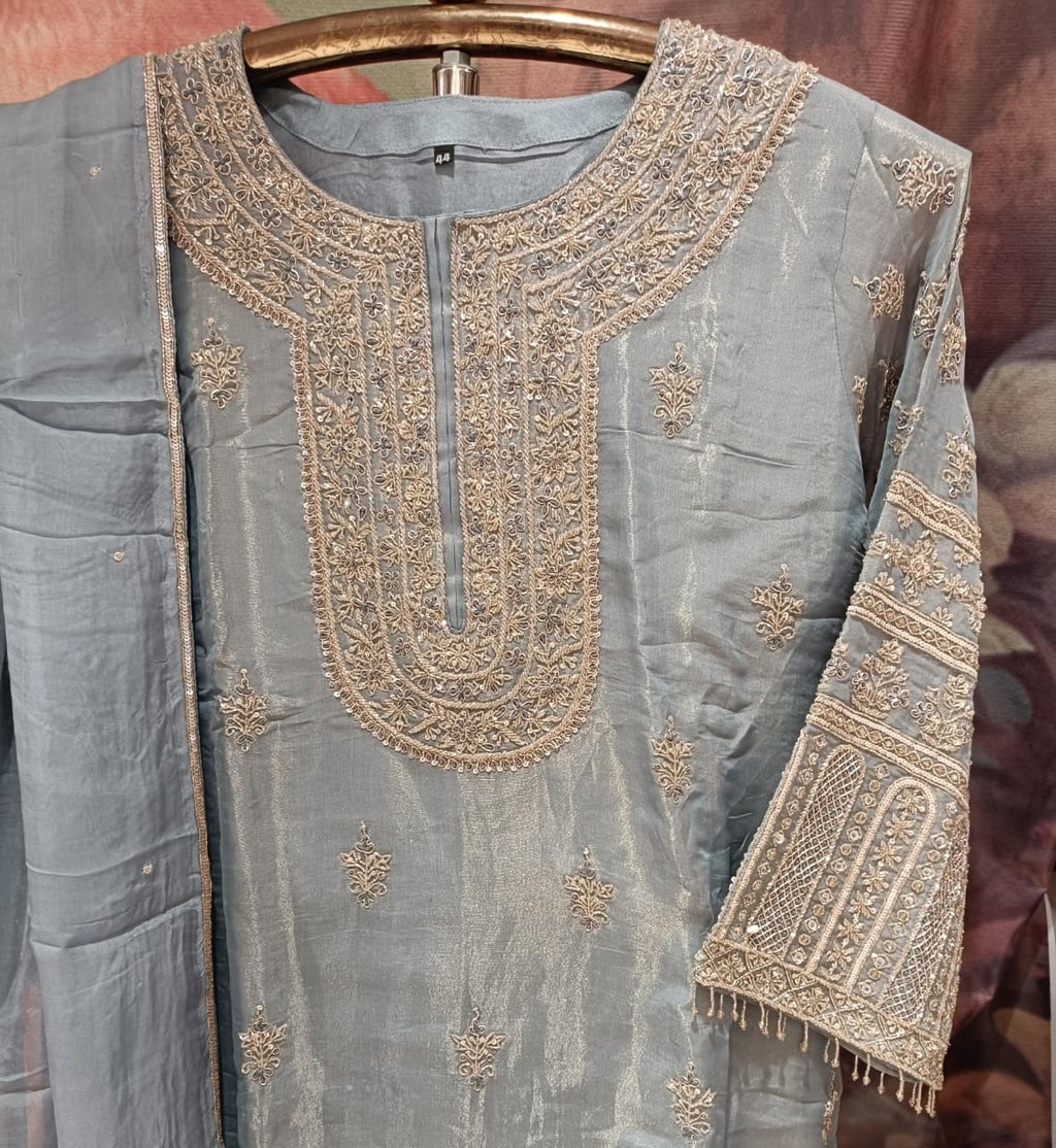 Powder Blue Simmer Silk Hand-Embroidered Kurta & Palazzo Set.