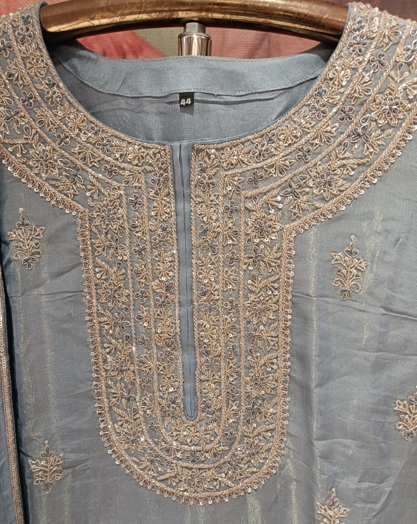 Powder Blue Simmer Silk Hand-Embroidered Kurta & Palazzo Set.
