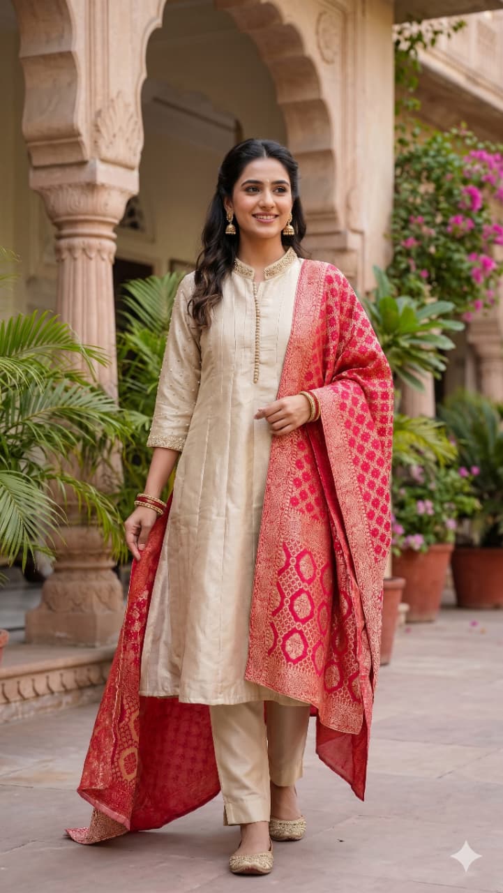 Regal Ivory-Gold Hand-Embroidered Simmer Silk Anarkali Set with Banarasi Dupatta.