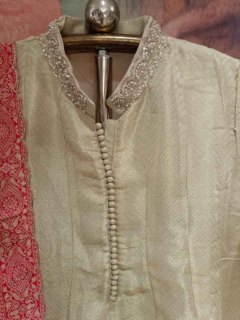 Regal Ivory-Gold Hand-Embroidered Simmer Silk Anarkali Set with Banarasi Dupatta.