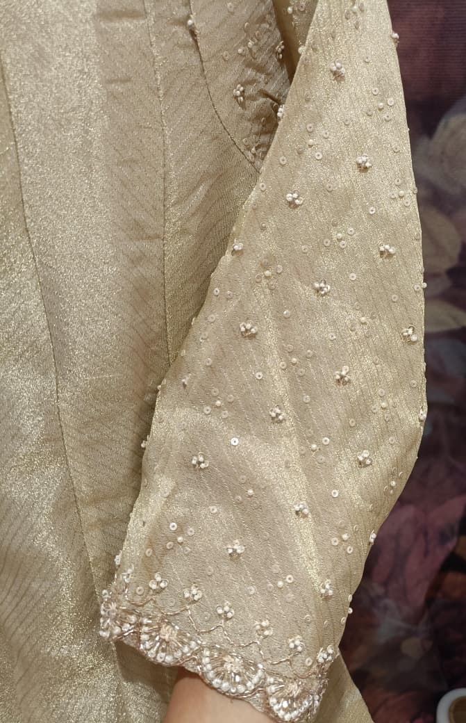Regal Ivory-Gold Hand-Embroidered Simmer Silk Anarkali Set with Banarasi Dupatta.