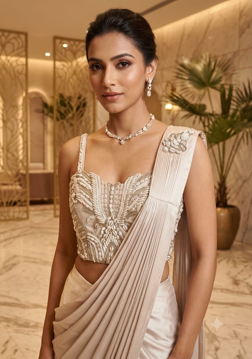 Champagne Beige Ready-to-Wear Saree, designed for the modern trendsetter who values ultimate comfort without sacrificing high-octane glamour.