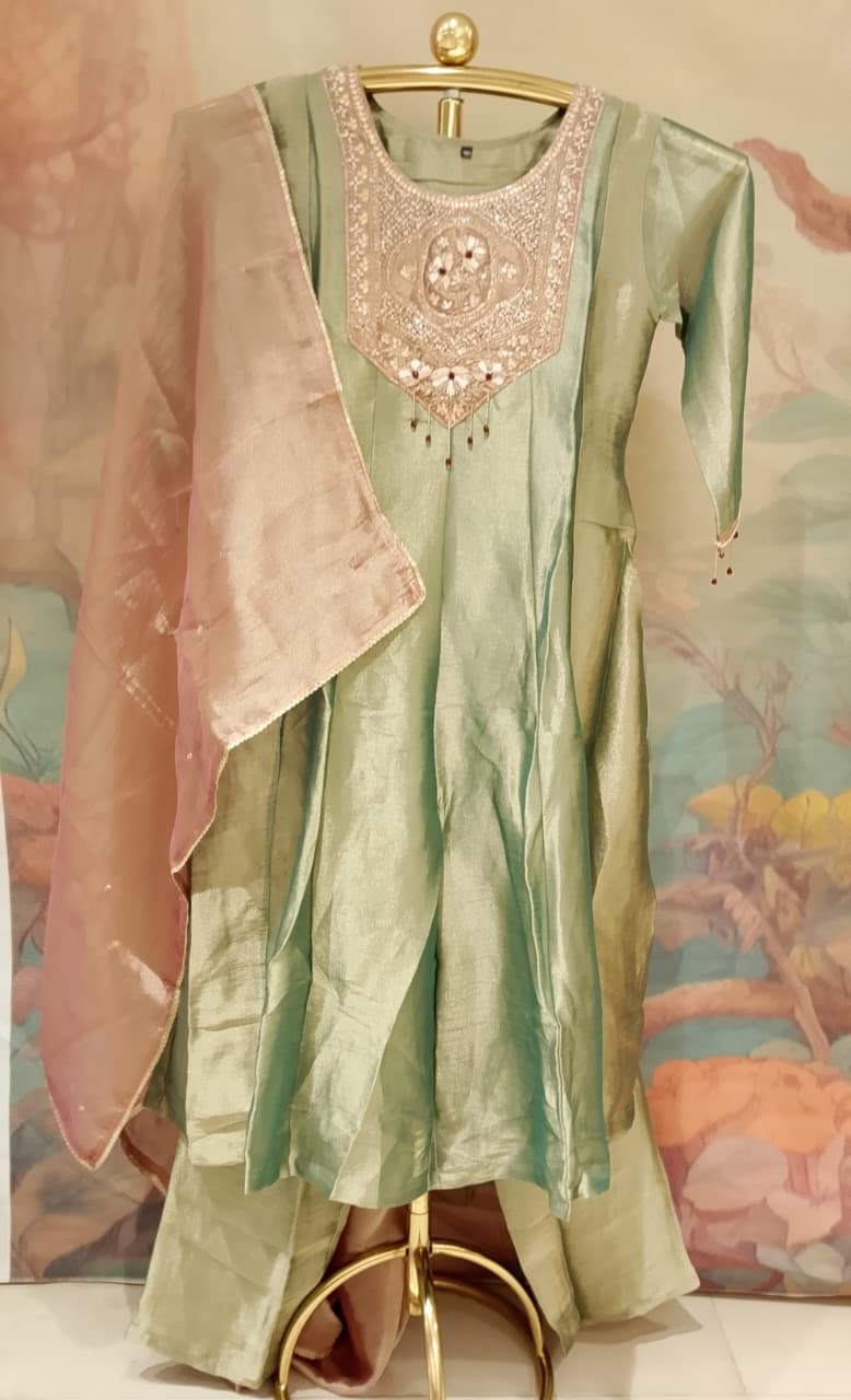 Sage Green Metallic Tissue Silk Anarkali Suit Set with Blush Pink Organza Dupatta