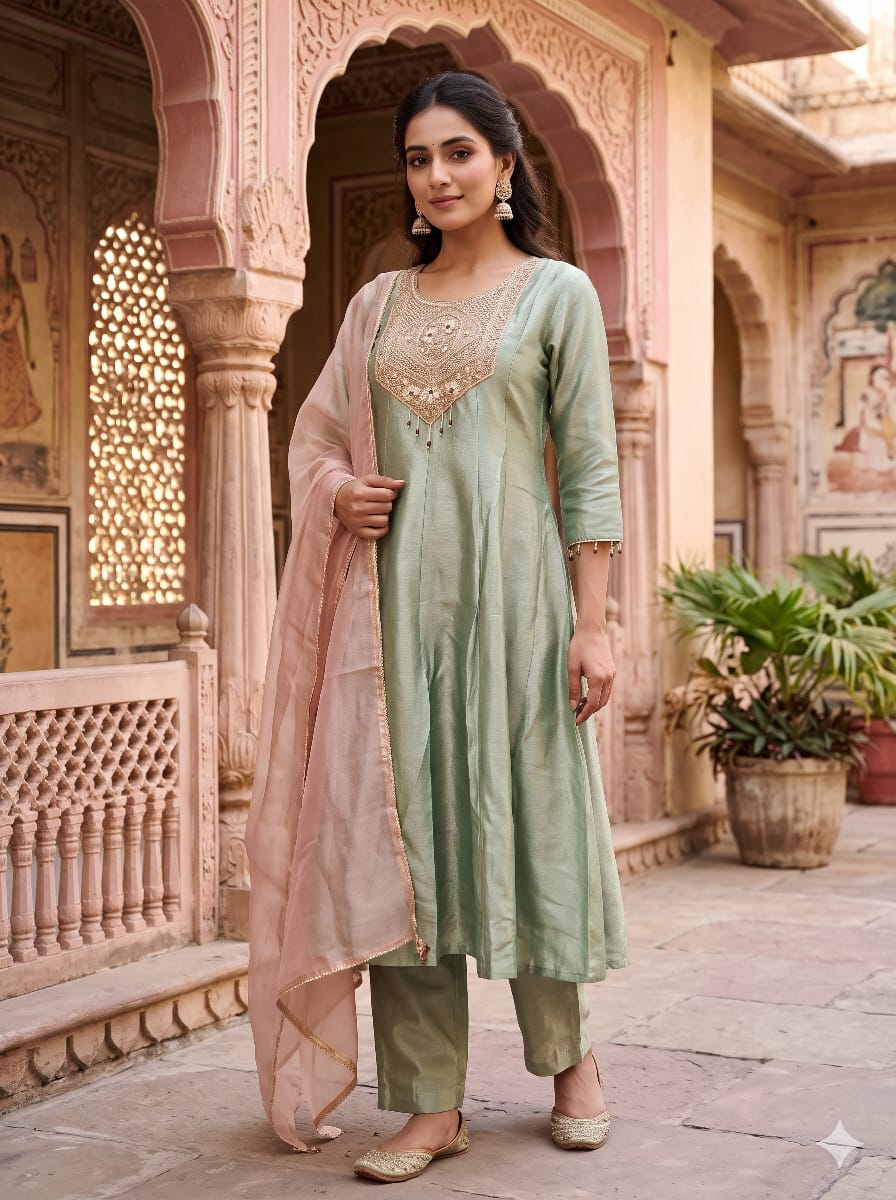 Sage Green Metallic Tissue Silk Anarkali Suit Set with Blush Pink Organza Dupatta