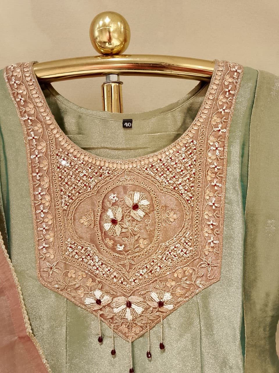 Sage Green Metallic Tissue Silk Anarkali Suit Set with Blush Pink Organza Dupatta