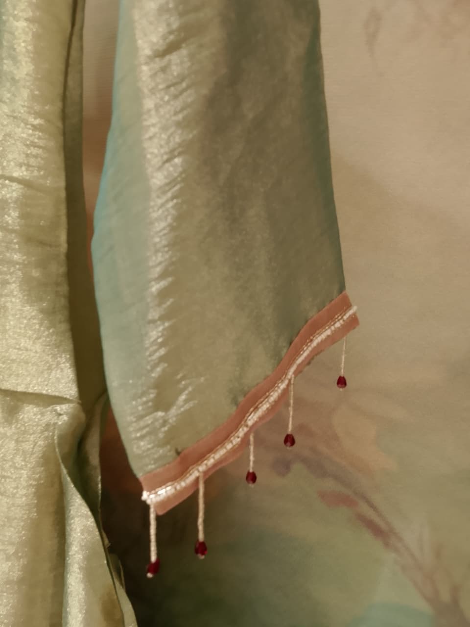Sage Green Metallic Tissue Silk Anarkali Suit Set with Blush Pink Organza Dupatta