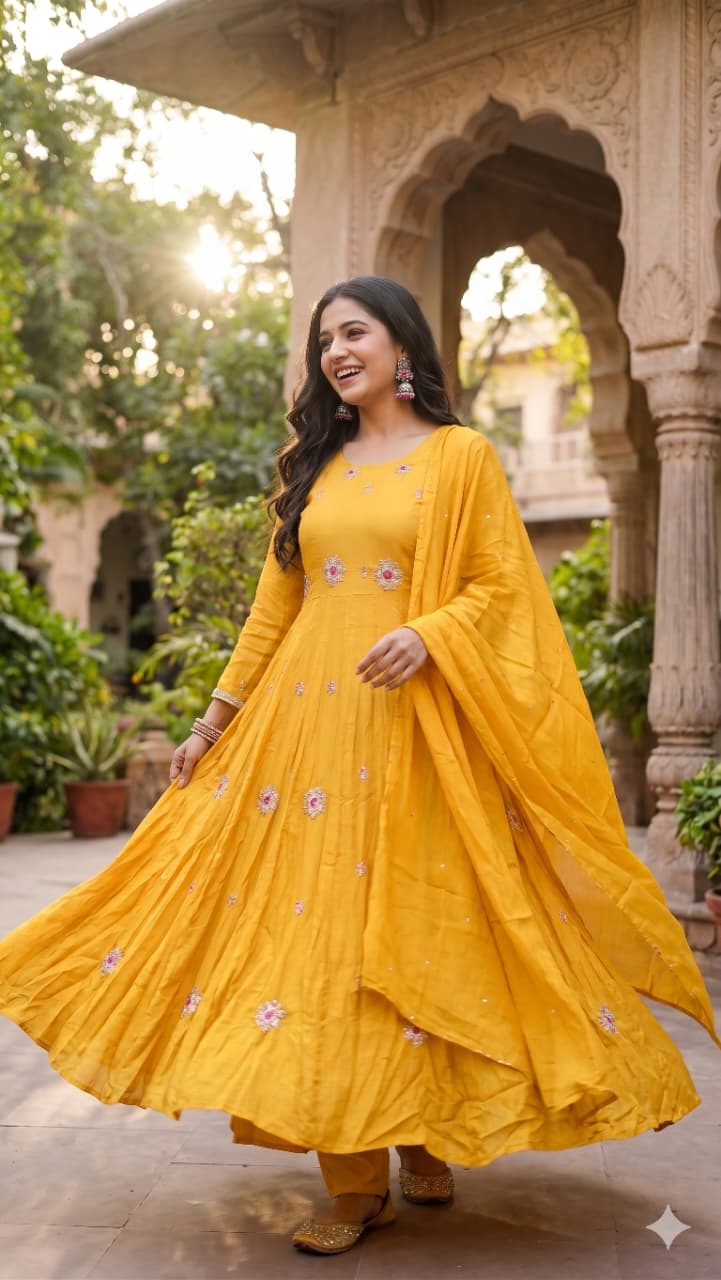 Radiant Mustard Yellow Gota-Encrusted Flared Simmer Silk Anarkali Set