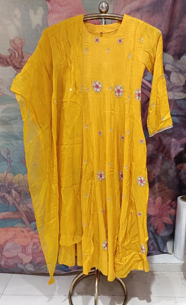 Radiant Mustard Yellow Gota-Encrusted Flared Simmer Silk Anarkali Set