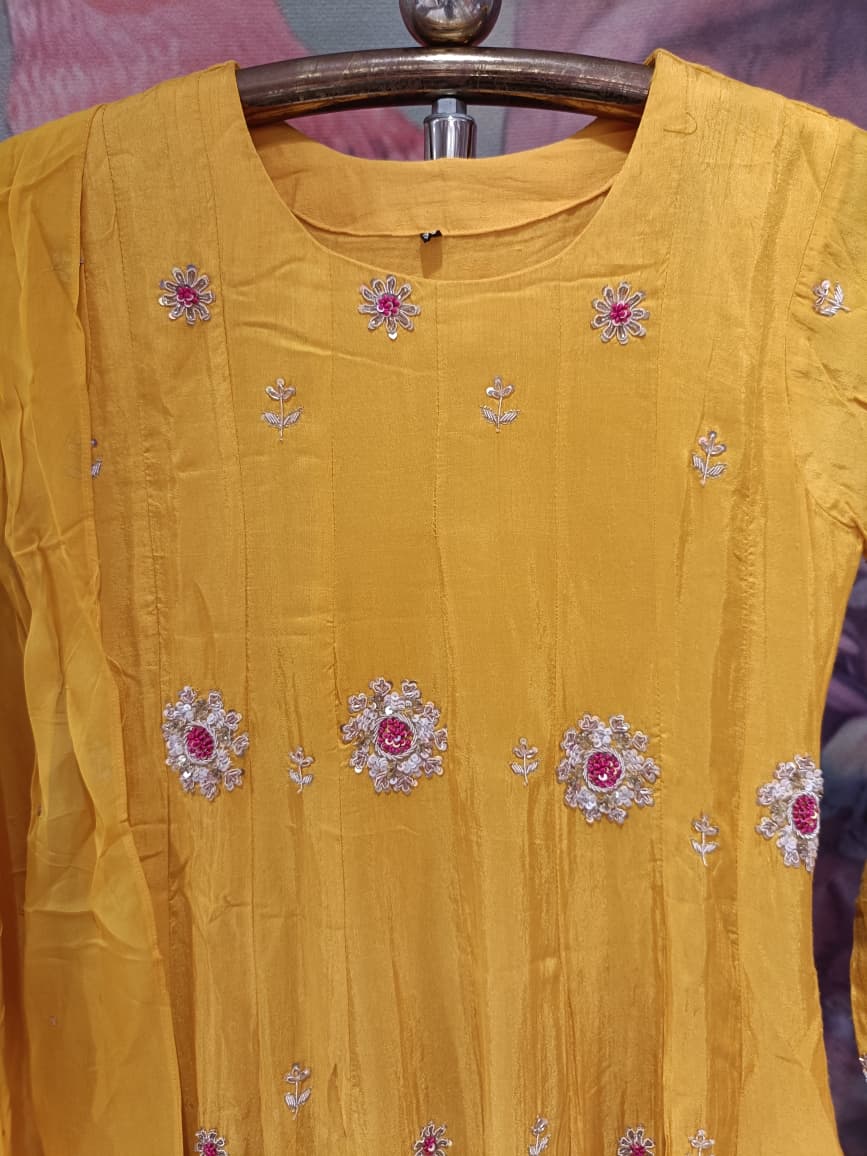 Radiant Mustard Yellow Gota-Encrusted Flared Simmer Silk Anarkali Set