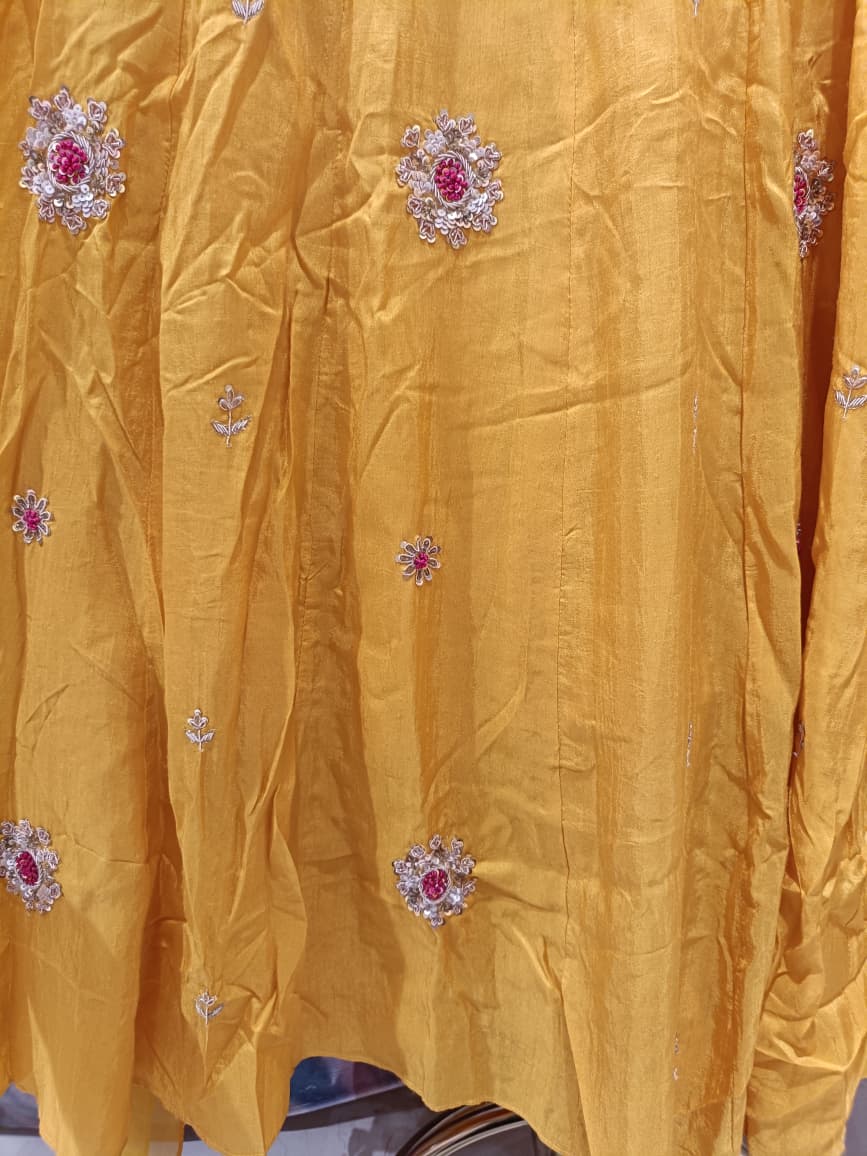 Radiant Mustard Yellow Gota-Encrusted Flared Simmer Silk Anarkali Set