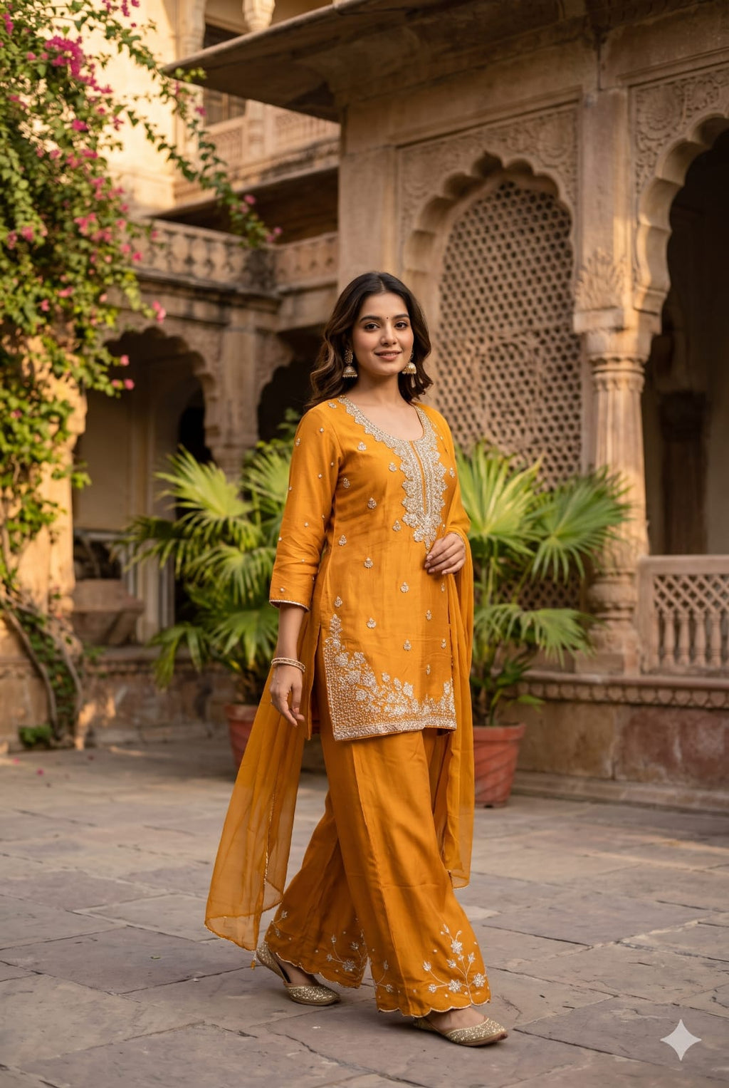 Radiant Mustard Yellow Gota & Zari Detailed Georgette Palazzo Set.