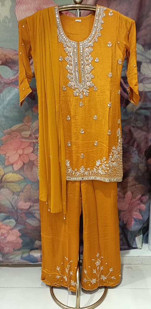 Radiant Mustard Yellow Gota & Zari Detailed Georgette Palazzo Set.
