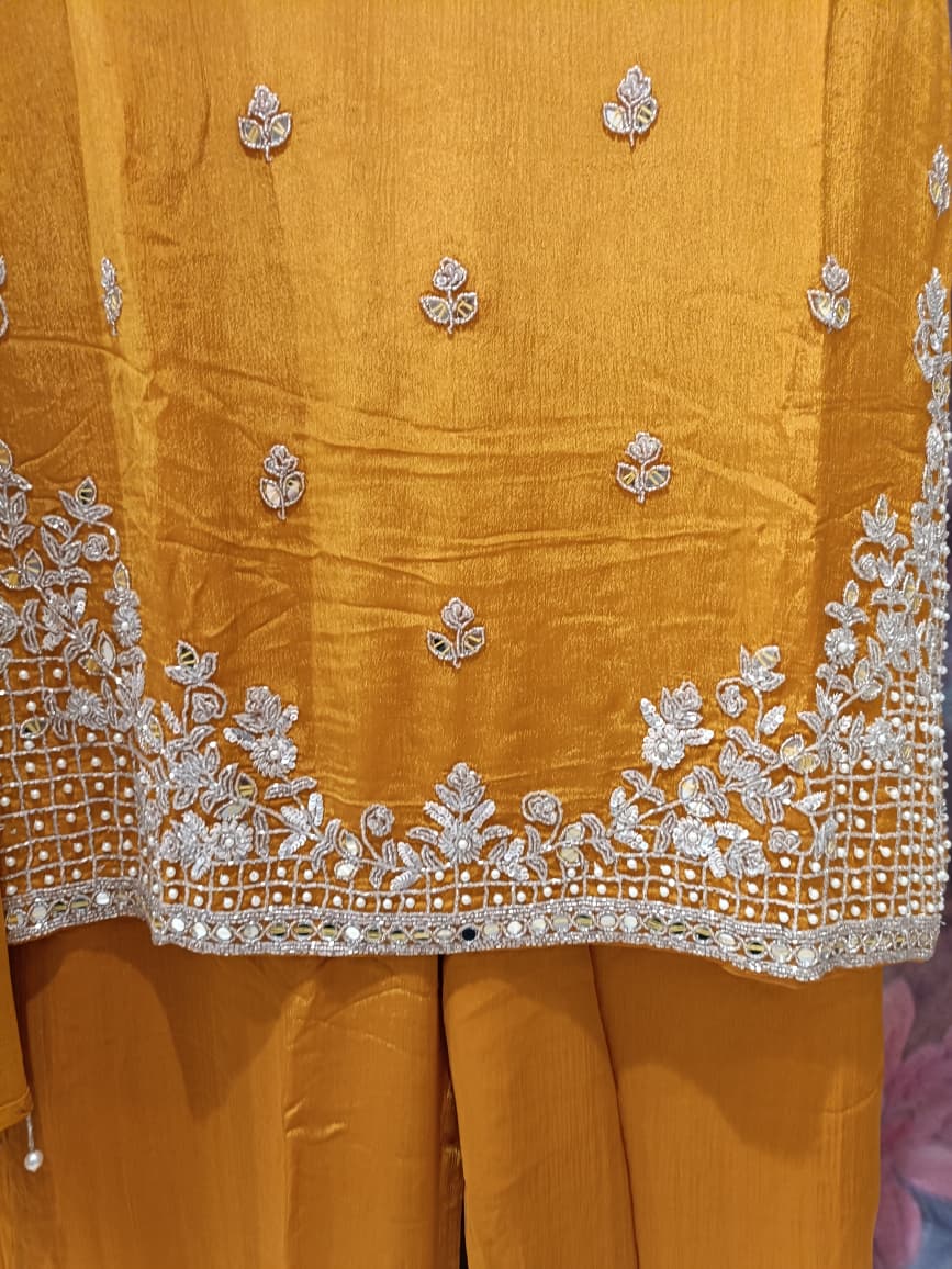 Radiant Mustard Yellow Gota & Zari Detailed Georgette Palazzo Set.