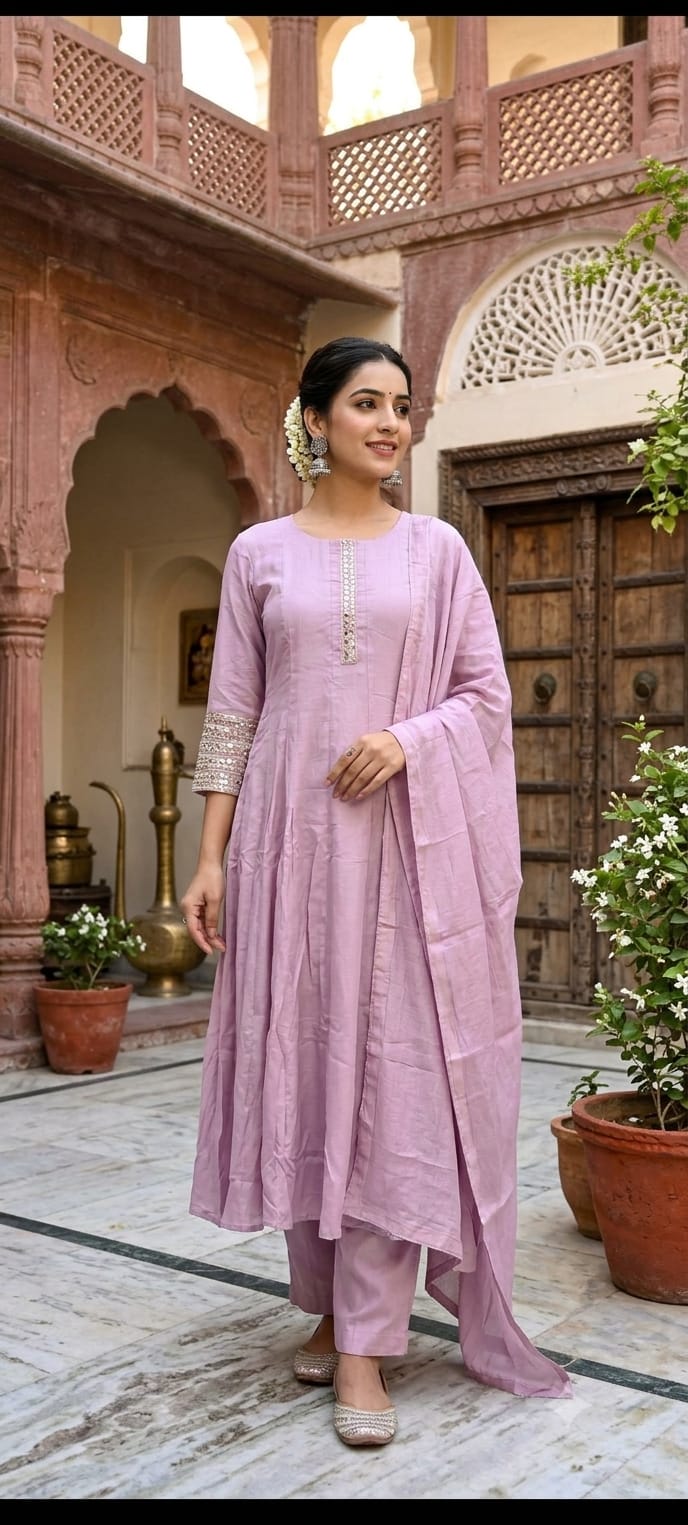 Light-Pink Hand-Detailed Flared Georgette Anarkali Set.