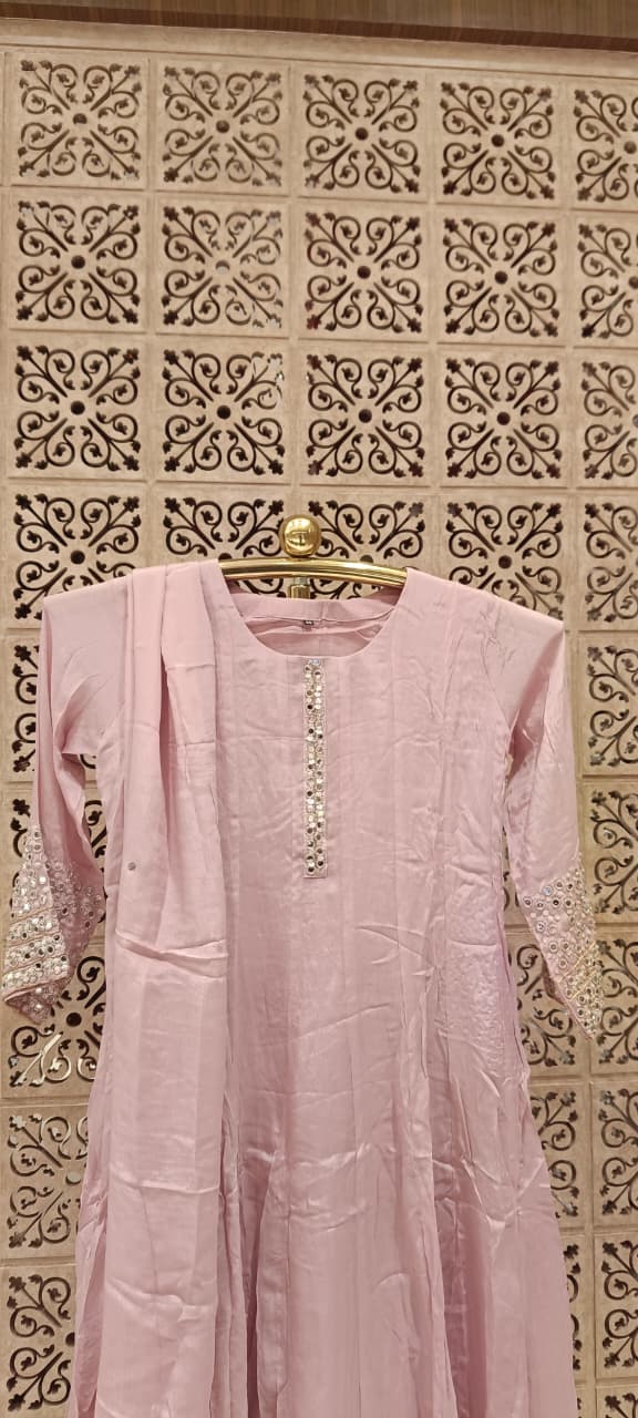 Light-Pink Hand-Detailed Flared Georgette Anarkali Set.