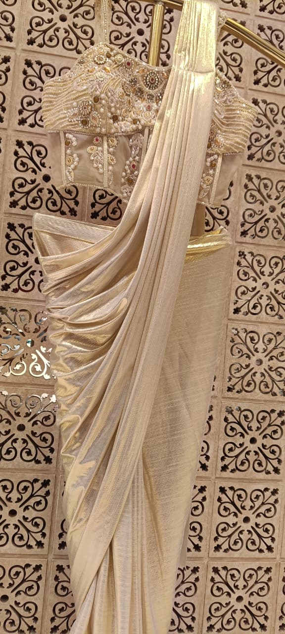 Champagne Gold Pre-Stitched Draped Concept Saree Set.