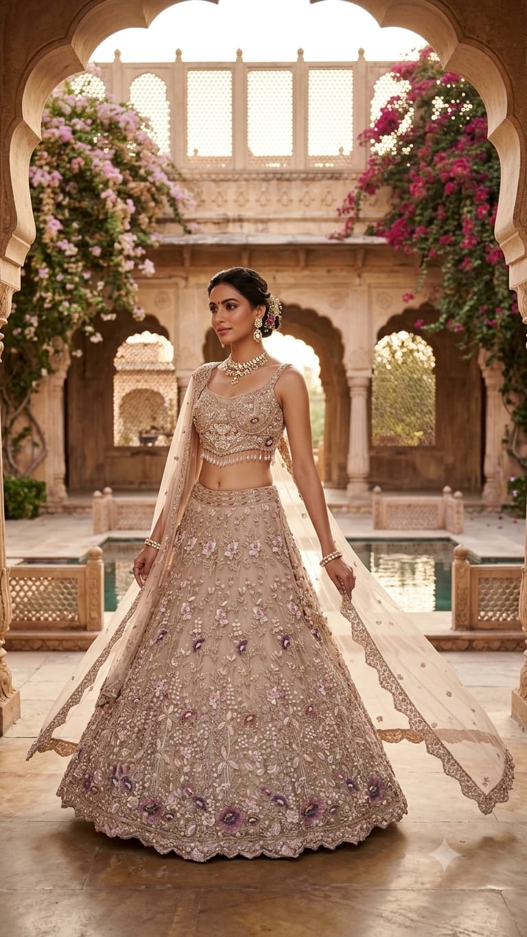 Champagne-Beige Floral Meadow Bridal Lehenga Choli Set.