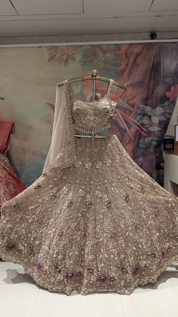 Champagne-Beige Floral Meadow Bridal Lehenga Choli Set.