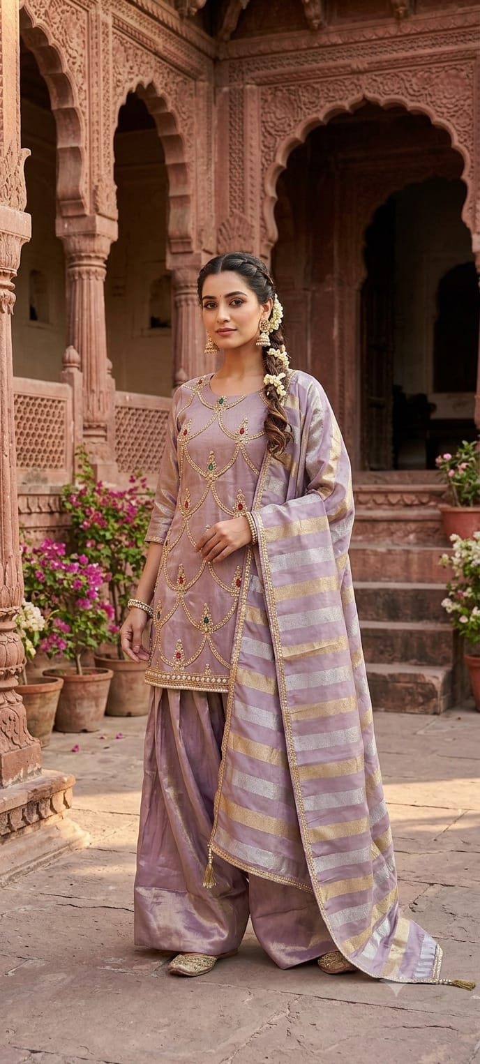 Levender Hand-Embroidered Scallop Farshi Salwar Suit Set.
