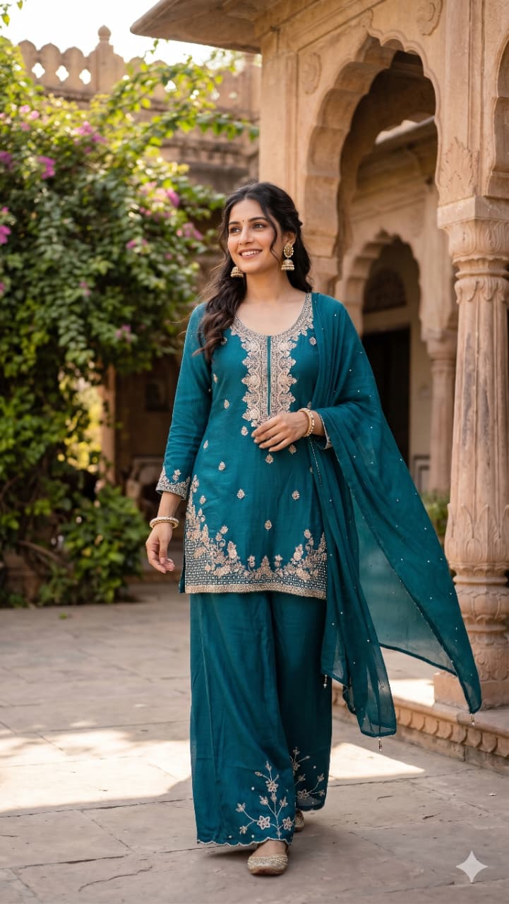 Regal Teal Blue Hand-Embroidered Georgette Kurti & Palazzo Set.