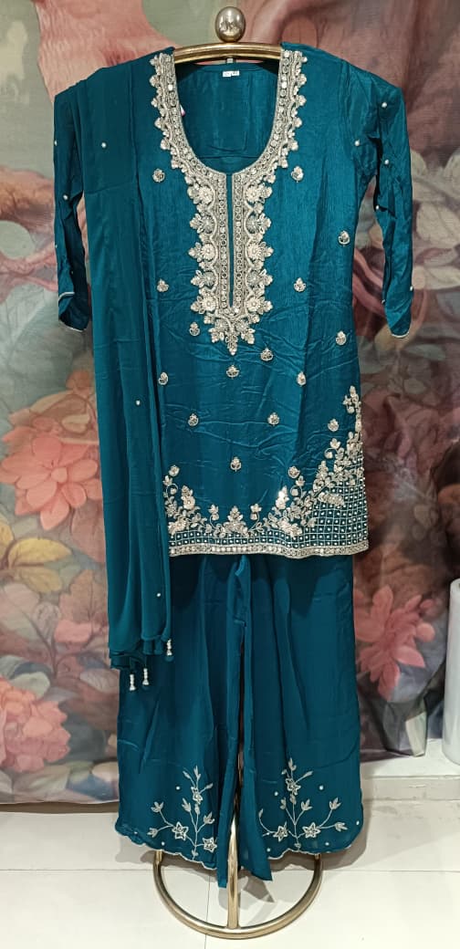 Regal Teal Blue Hand-Embroidered Georgette Kurti & Palazzo Set.